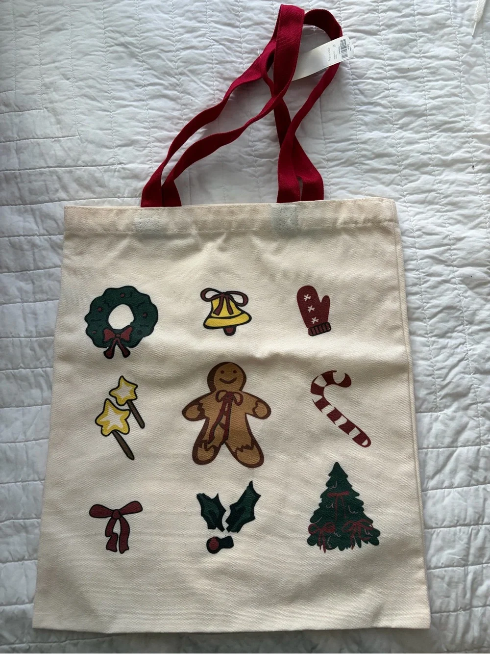 NWT Francesca's Collections Cream Holiday Icon Canvas Tote with Red Handles
